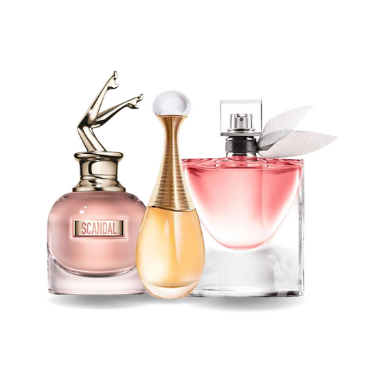 Packung mit 3 Düften: Jean Paul Gaultier SCANDAL, Dior J'ADORE, Lancôme LA VIE EST BELLE (Eau de Parfum)
