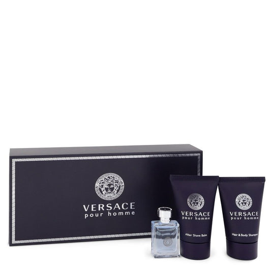 Versace Pour Homme von Versace Geschenkset -- 0,17 oz Mini EDT + 0,8 oz After Shave Balsam + 0,8 oz Haar- und Körpershampoo für Männer